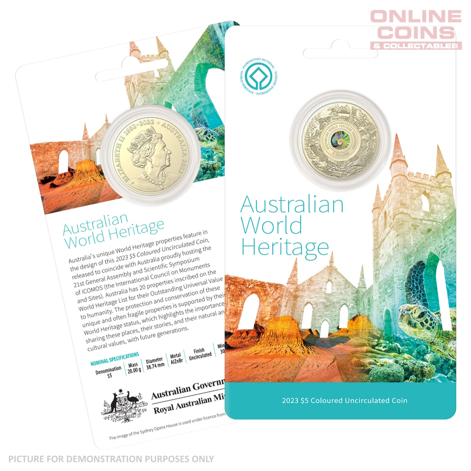 2023 $5 AlZnBr Frosted Coloured Uncirculated Carded Coin - Australian World Heritage Properties